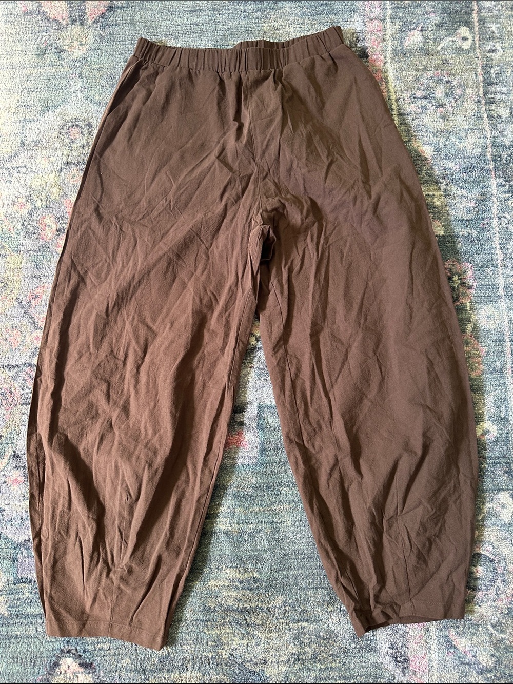 Lomon Linen Cotton Blend Casual Brown Elastic-Waist Barrel Pants Like New Medium